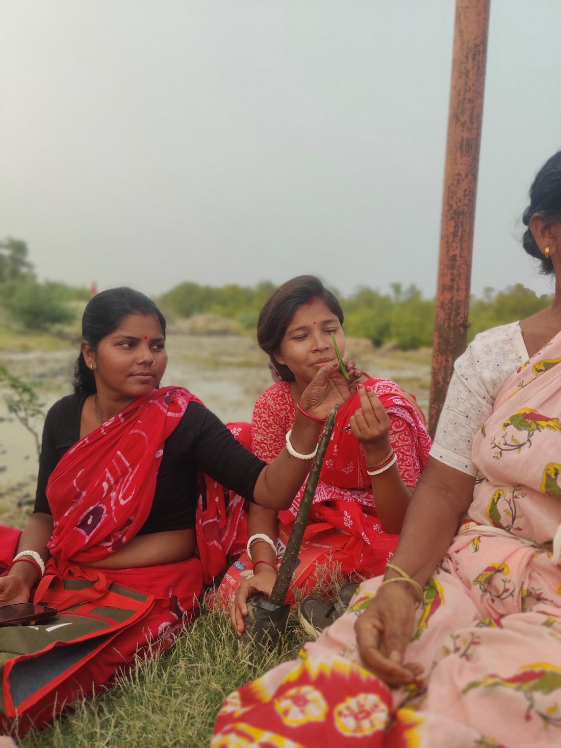 Women sitting on the riverbank grass, looking closely at a mangrove sprig.